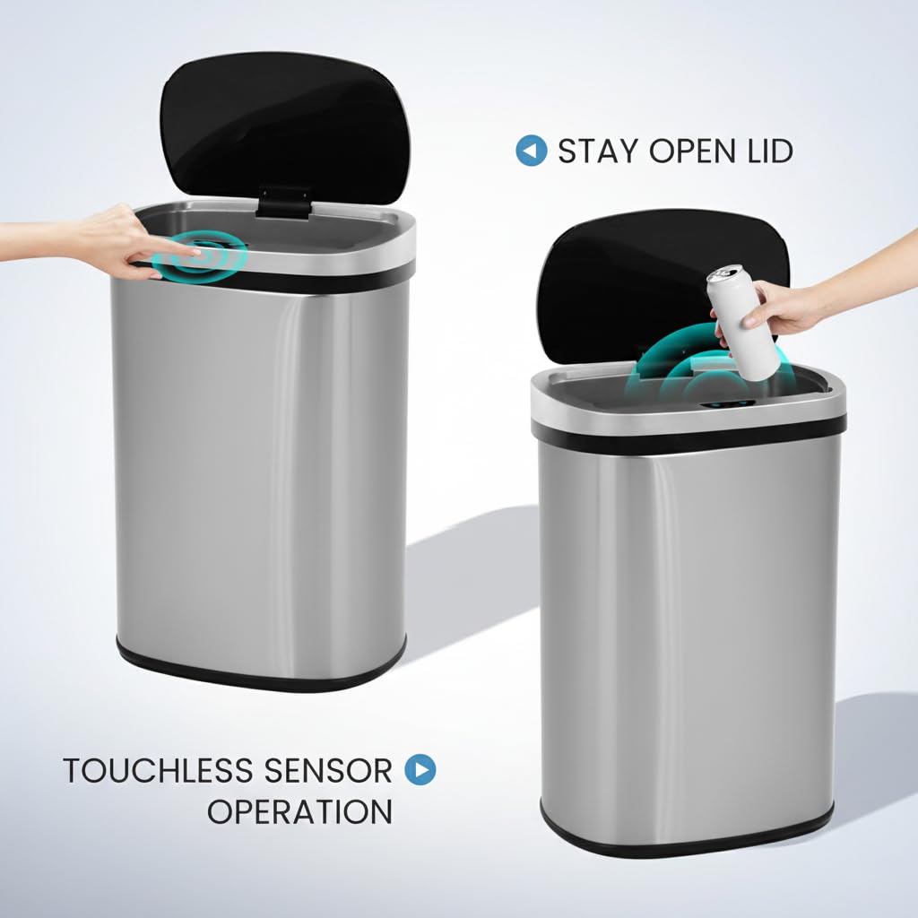 13 Gallon Touch-Free Motion Sensor Stainless-Steel Trash Can T659