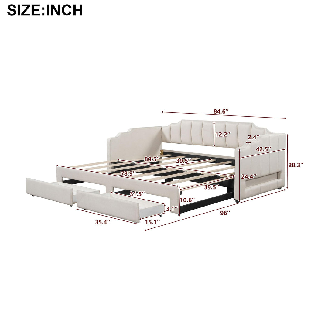 Linen Upholstered Daybed with Trundle and 2 Storage Drawers K175249