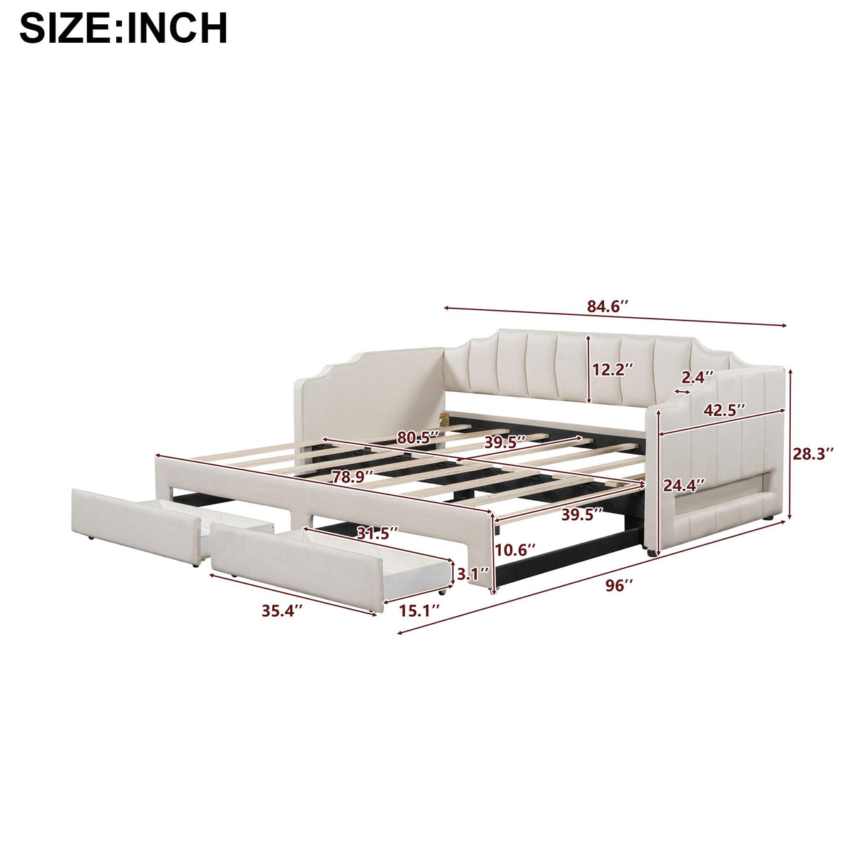 Linen Upholstered Daybed with Trundle and 2 Storage Drawers K175249
