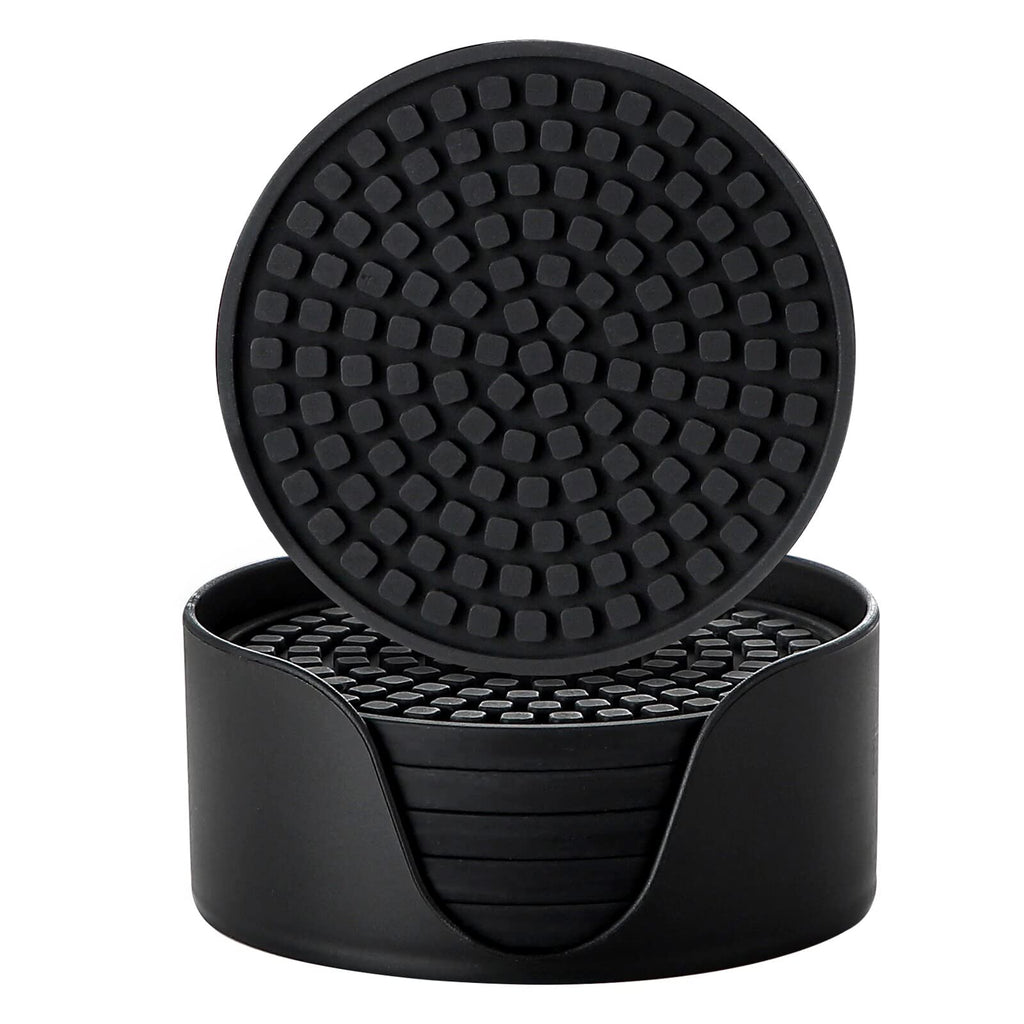 Silicone Drink Coasters with Holder, Set of 6, Black Y385