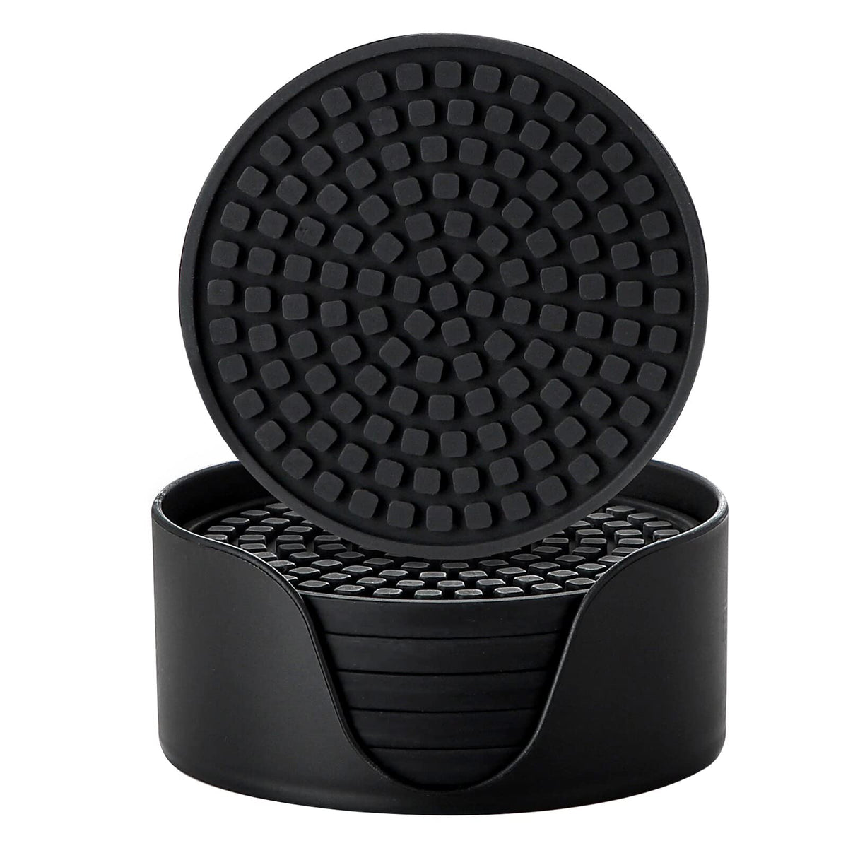Silicone Drink Coasters with Holder, Set of 6, Black Y385