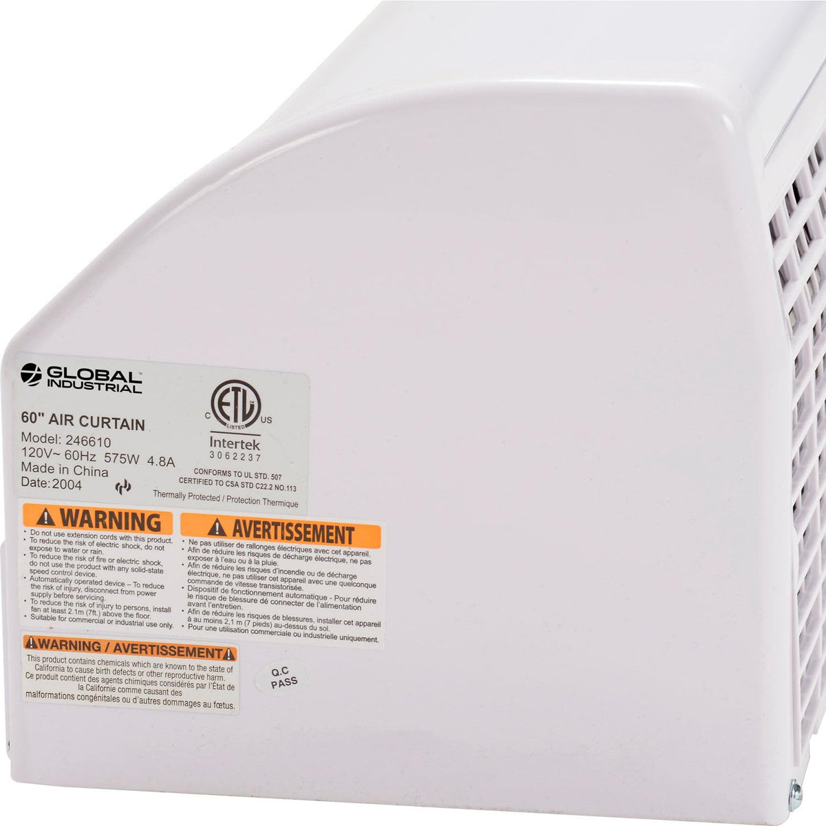 Unheated Air Curtain with Remote Control, 60"W, 1/3 HP I34047