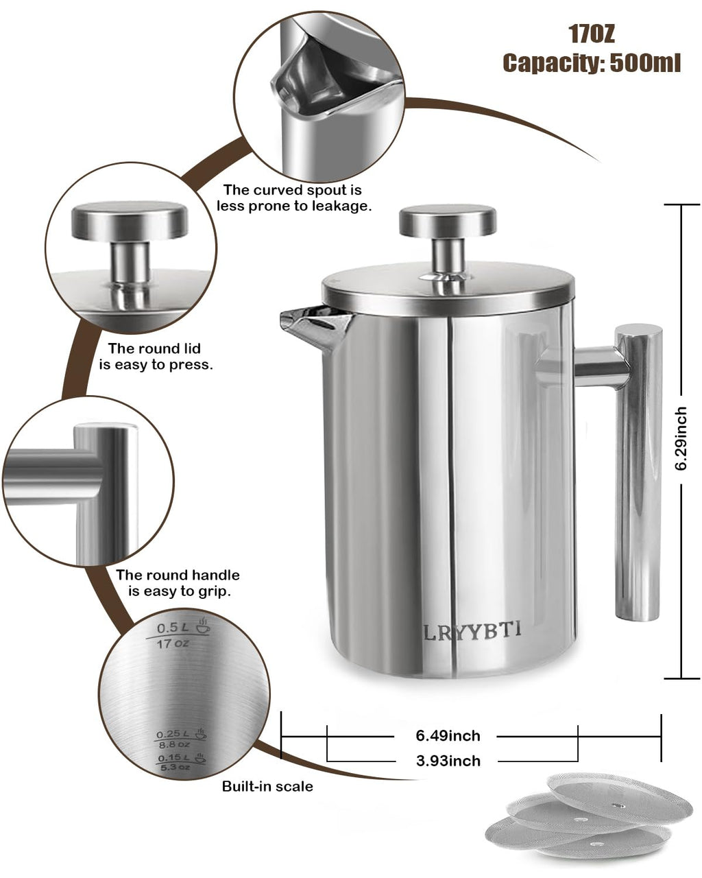 French Press Coffee Maker Stainless Steel 17 OZ D159839