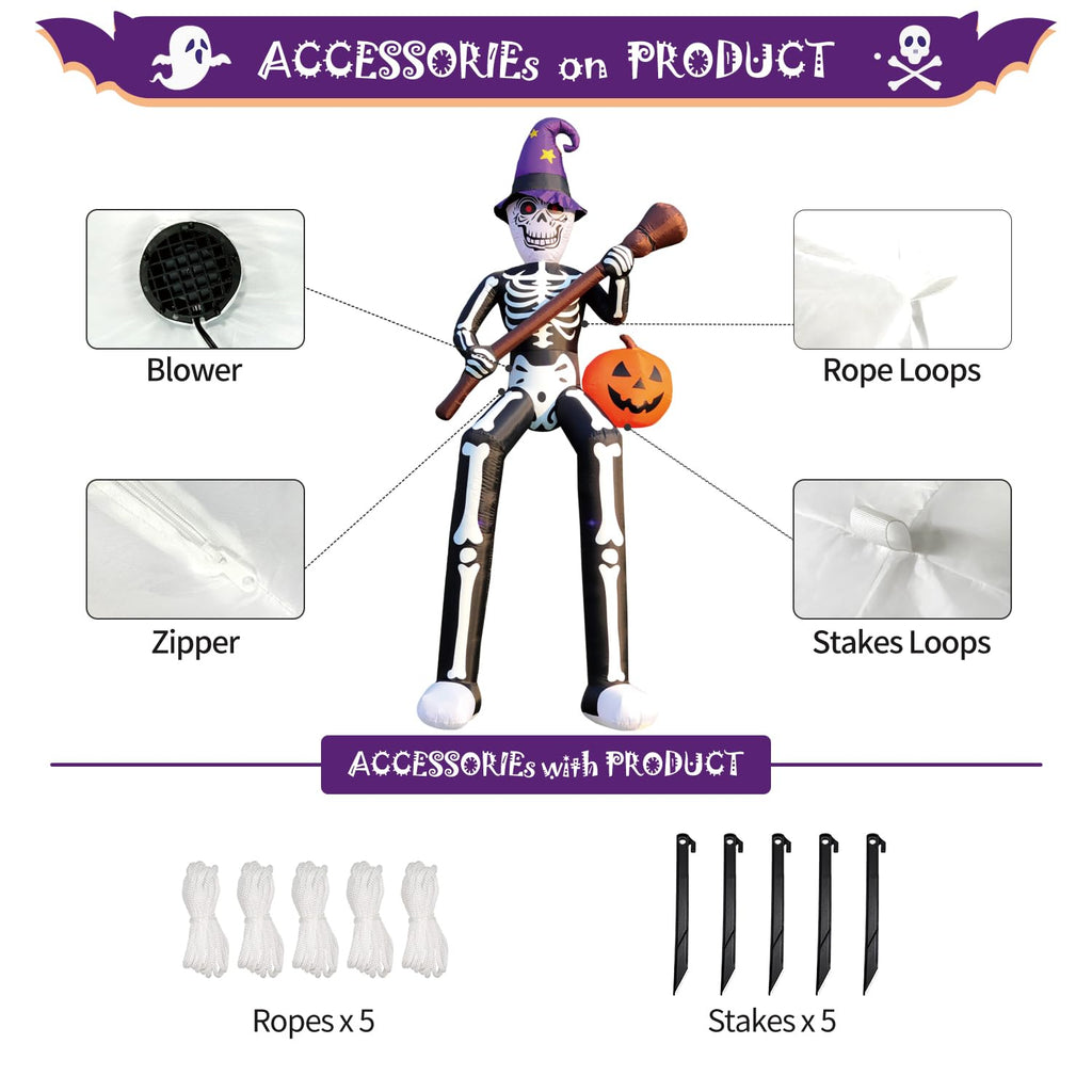 12 FT Halloween Inflatable Skeleton Wizard with Broom & Pumpkin B851536