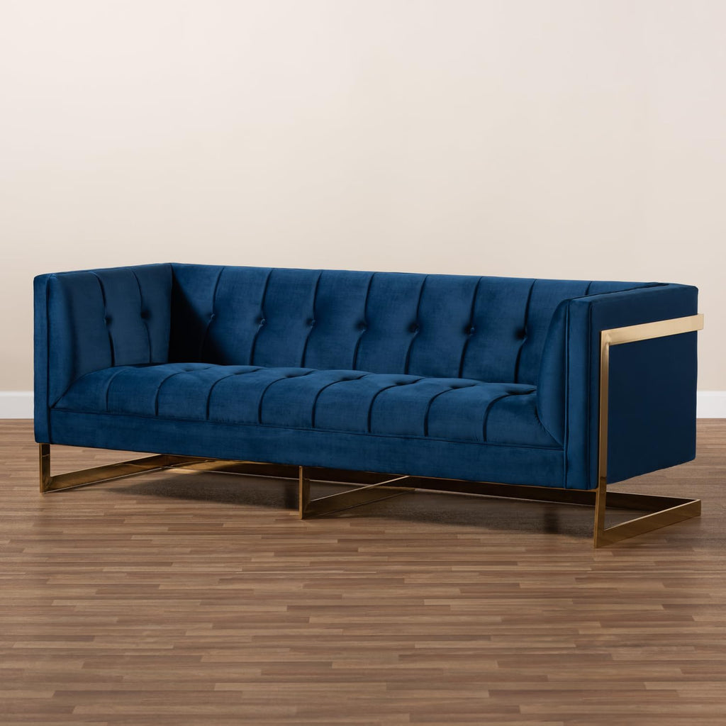 Navy Blue Velvet Button Tufted Gold Sofa I68930