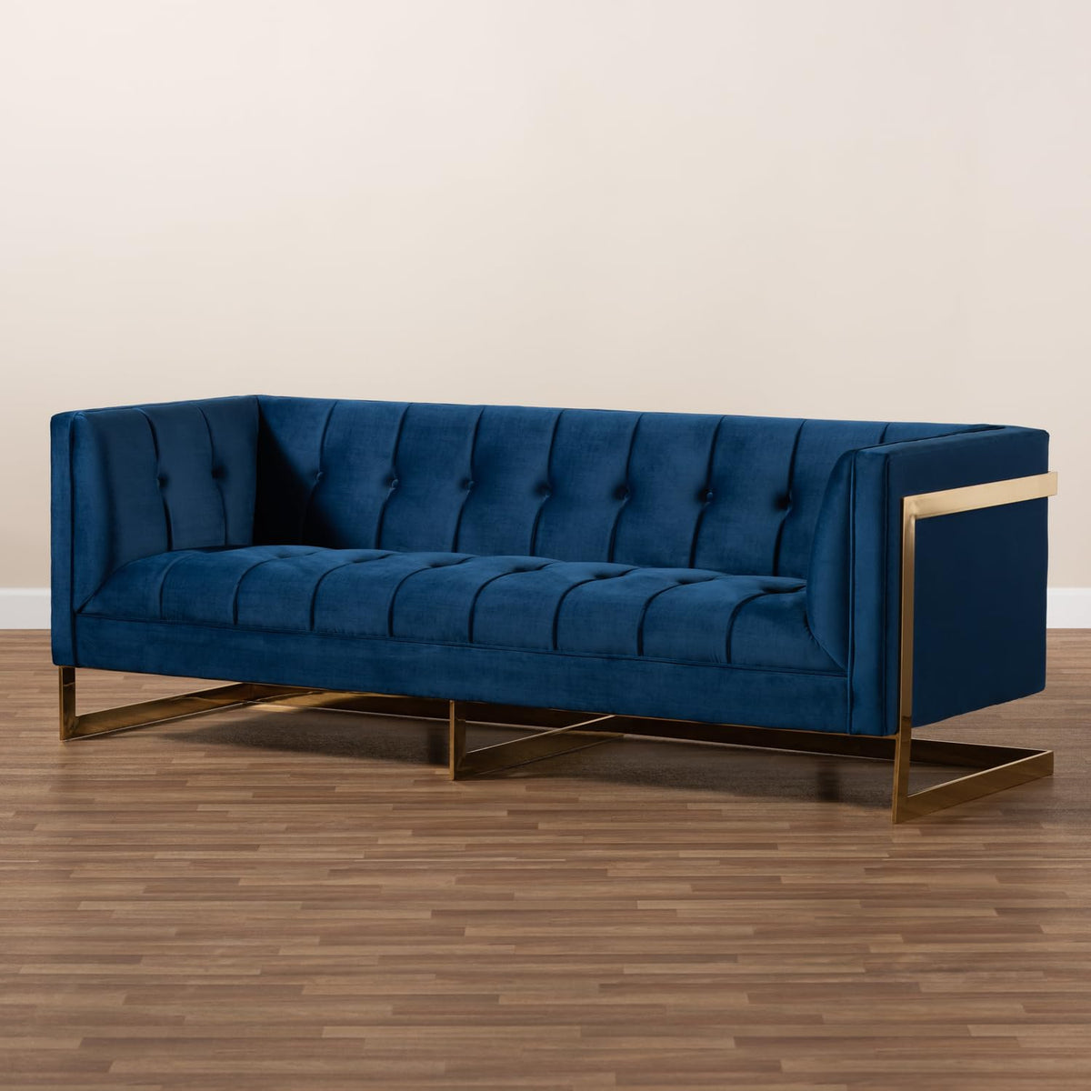Navy Blue Velvet Button Tufted Gold Sofa I68930
