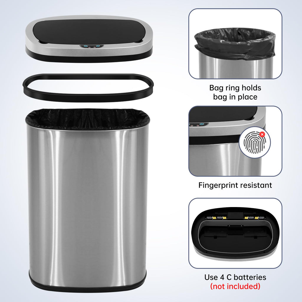 13 Gallon Touch-Free Motion Sensor Stainless-Steel Trash Can T659