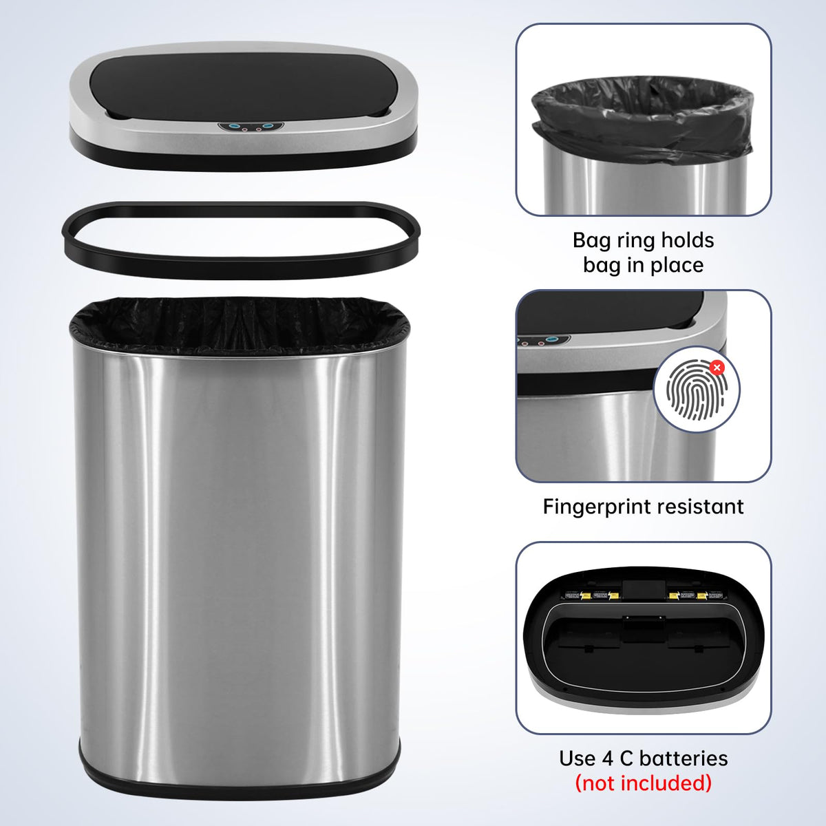 13 Gallon Touch-Free Motion Sensor Stainless-Steel Trash Can T659