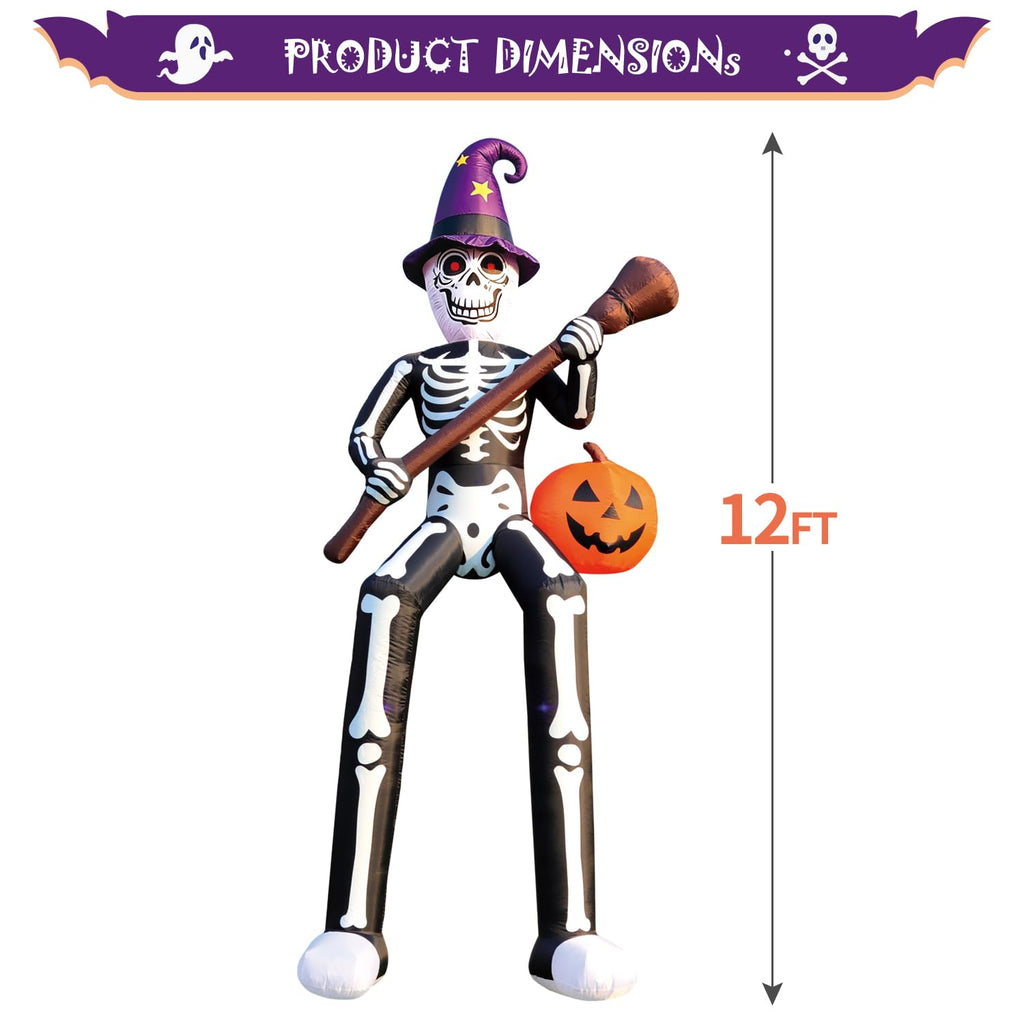 12 FT Halloween Inflatable Skeleton Wizard with Broom & Pumpkin B851536