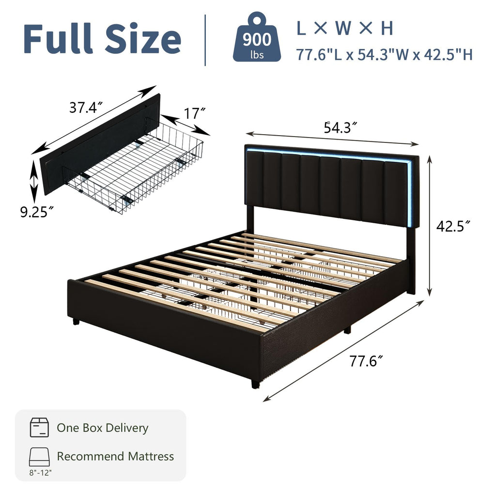 Black Full Size Upholstered Bed Frame with 4 Drawers and LED Lights H595