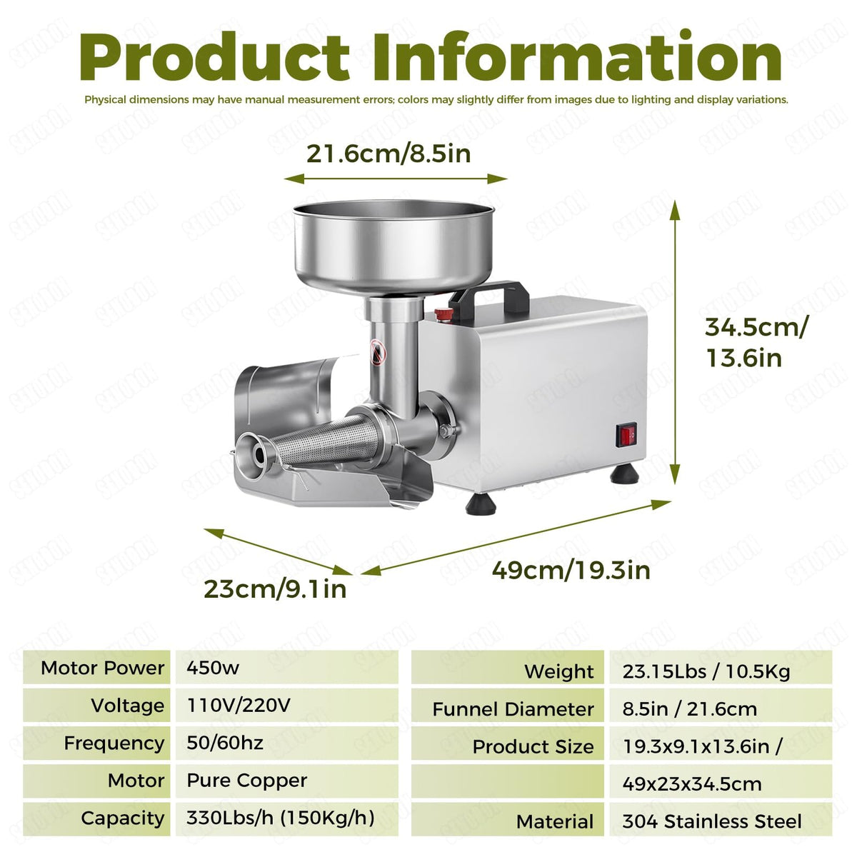 450W Metal Tomato Sauce Maker 8.5in Food-Grade Stainless Steel F6818