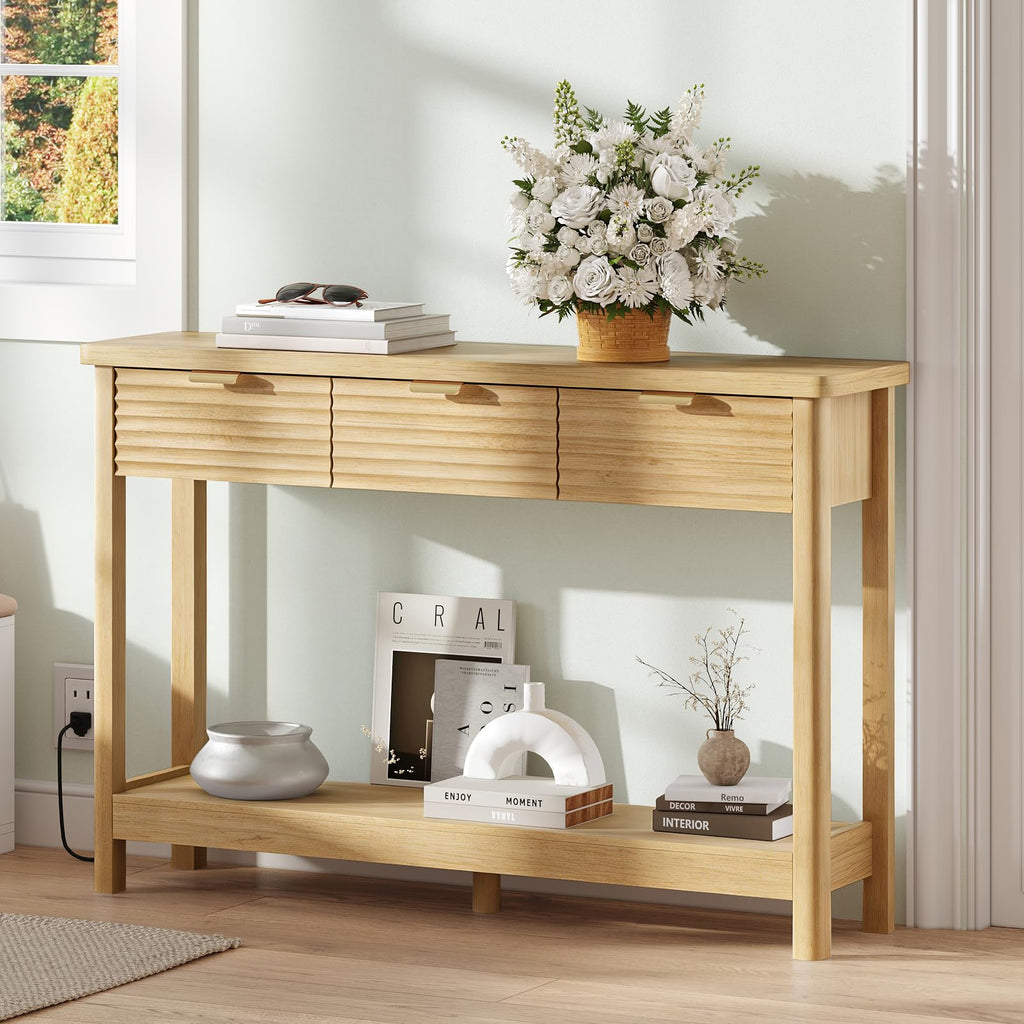 47.2" Narrow Console Table with 3 Drawers & Charging Station, Oak X40768