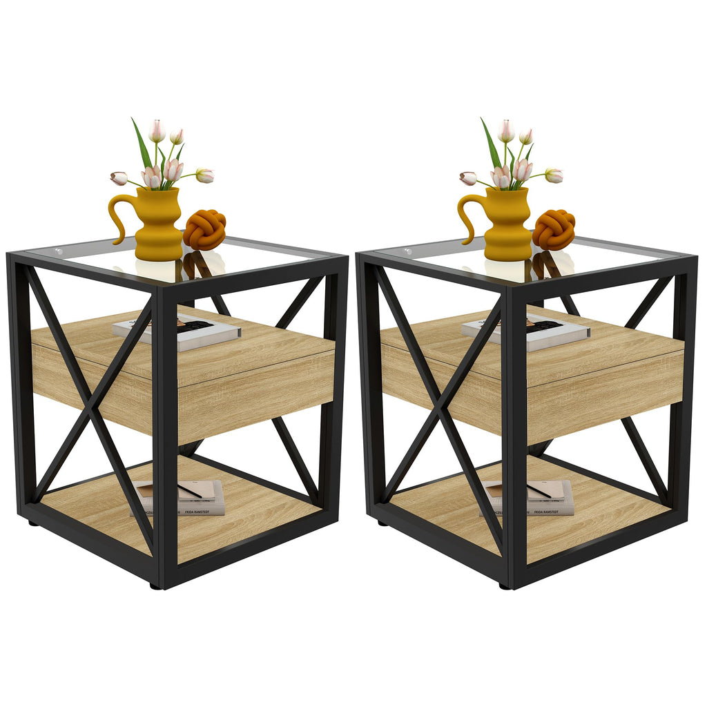 Brown Wood Glass Metal End Table Set of 2 M341269