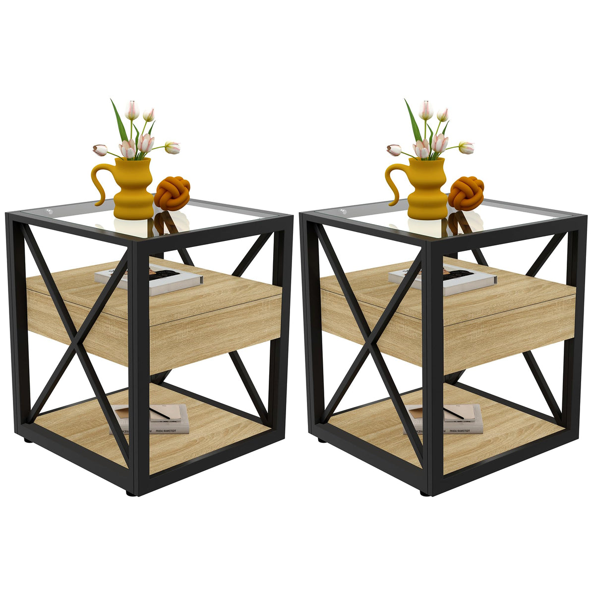 Brown Wood Glass Metal End Table Set of 2 M341269