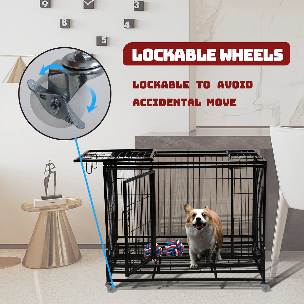 48 inch Heavy Duty Foldable Dog Crate with Lockable Wheels N810919