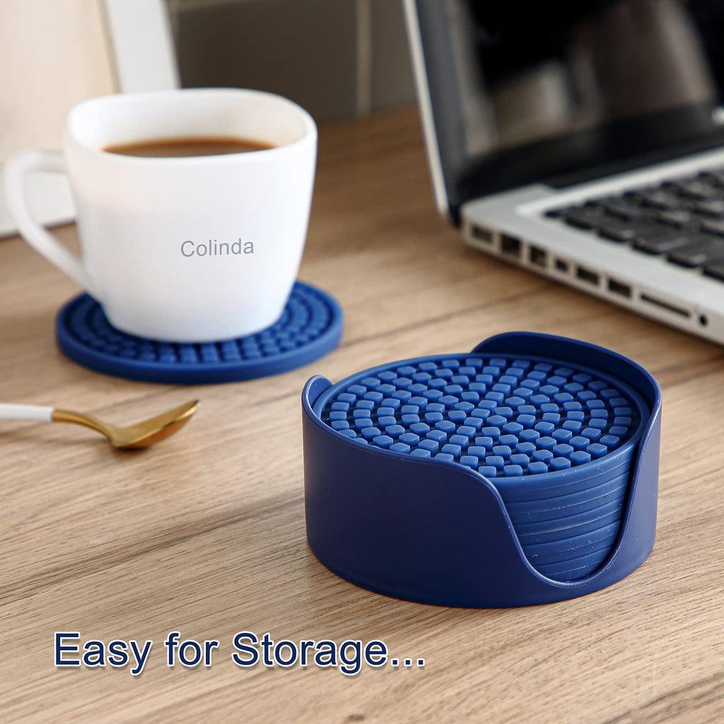 Silicone Drink Coasters with Holder, Set of 6, Black Y385