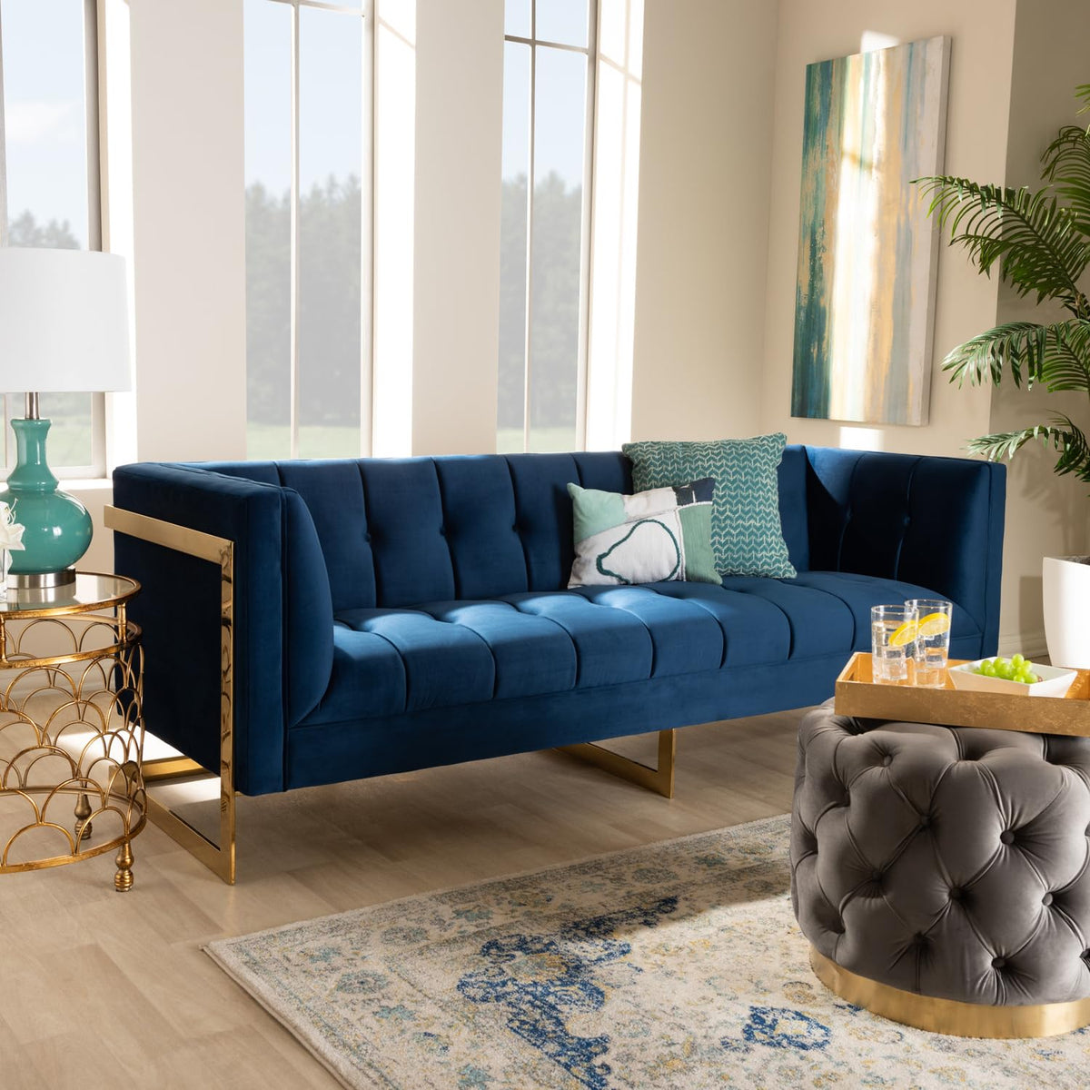 Navy Blue Velvet Button Tufted Gold Sofa I68930