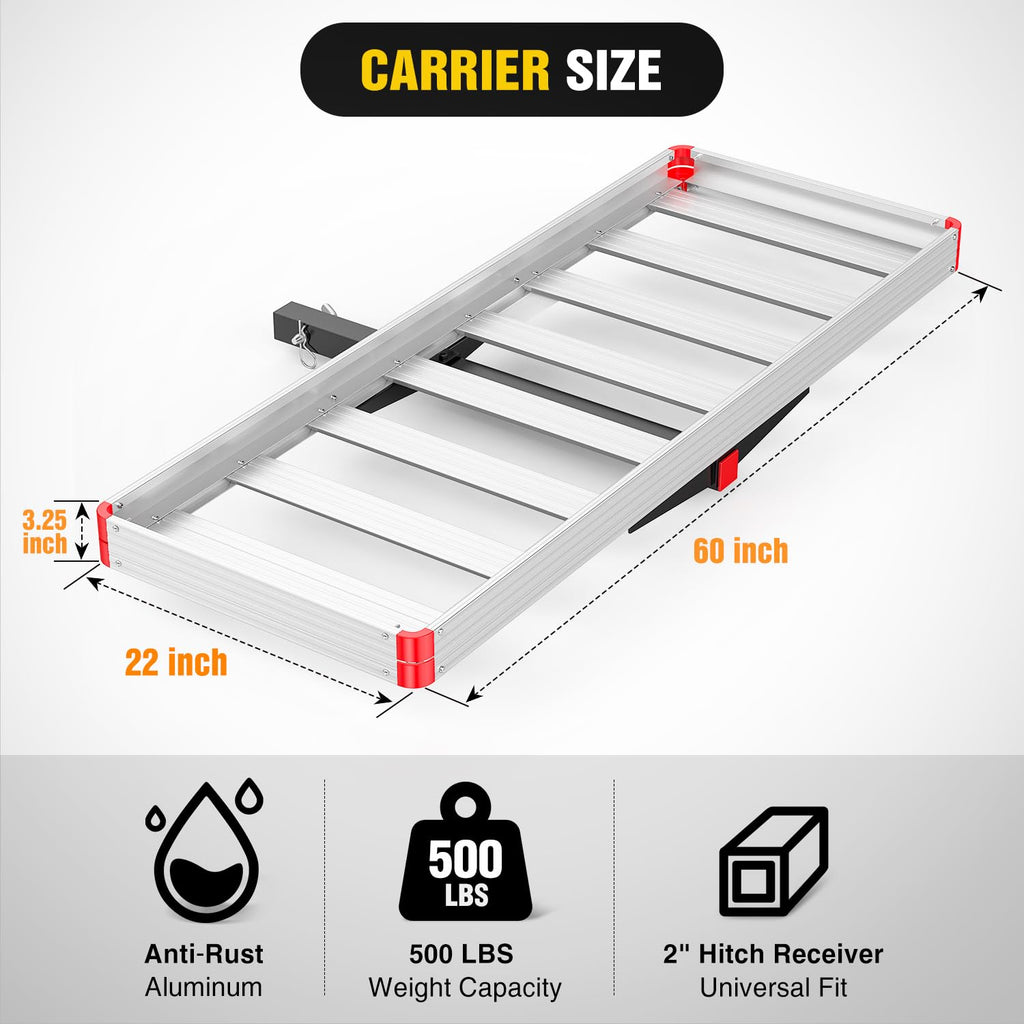 Aluminum Hitch Cargo Carrier 60" x 22" x 3.25" 500 lbs Cargo Basket for 2" Receiver R8303
