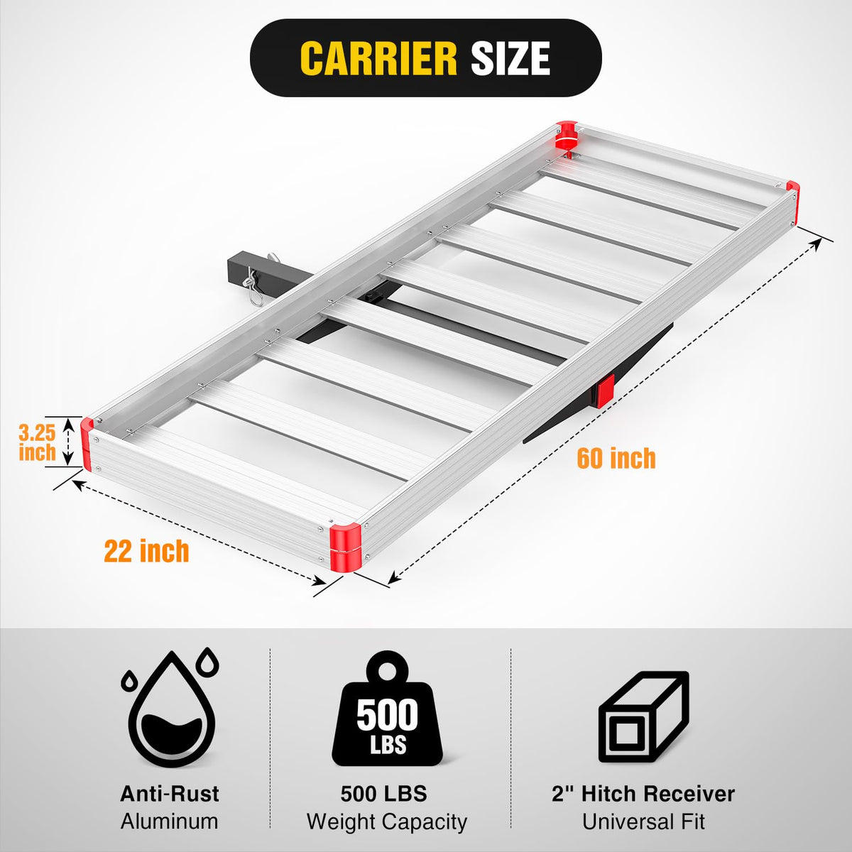 Aluminum Hitch Cargo Carrier 60" x 22" x 3.25" 500 lbs Cargo Basket for 2" Receiver R8303