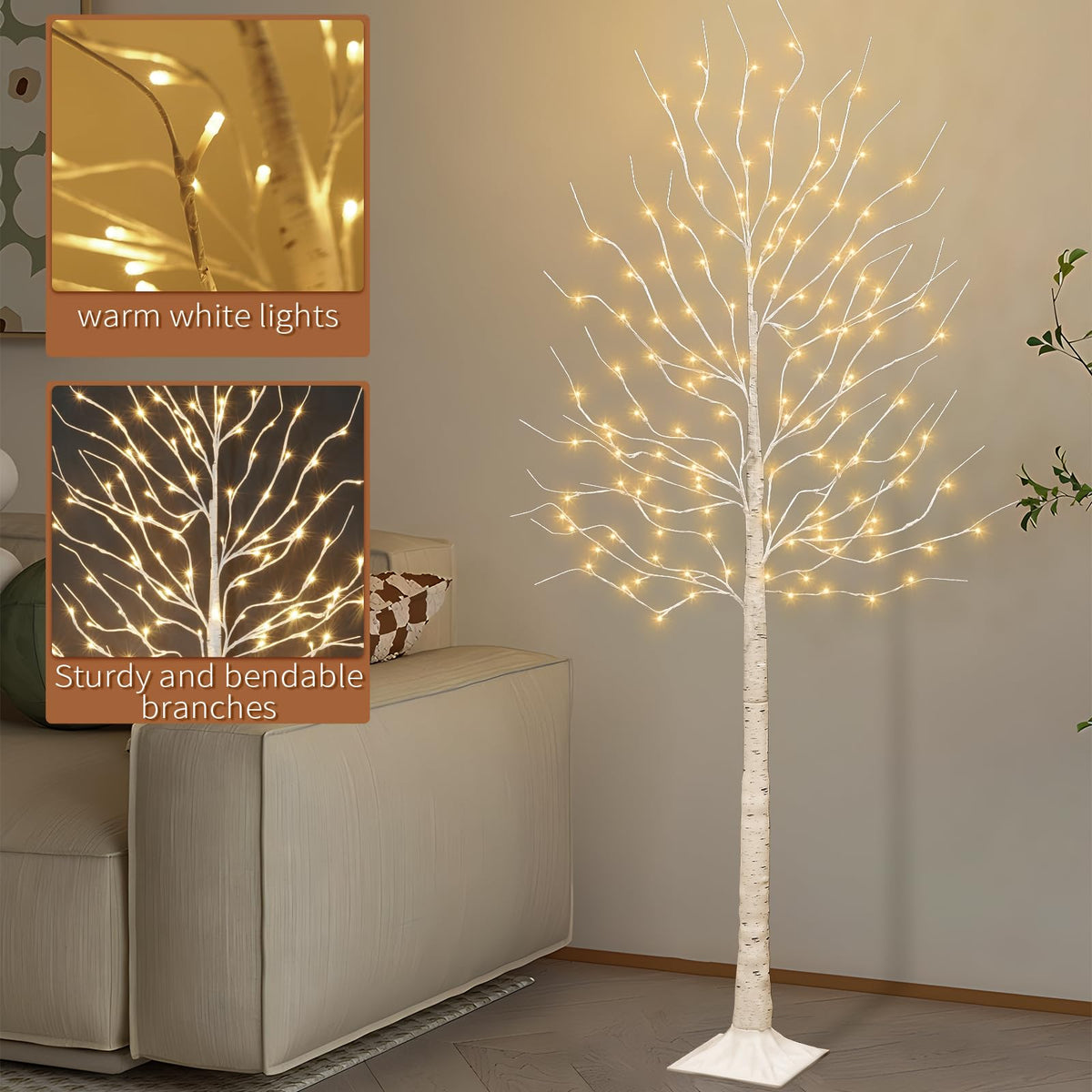 Set of 2 6 feet Lighted Birch Tree 160 LED Warm White E23821