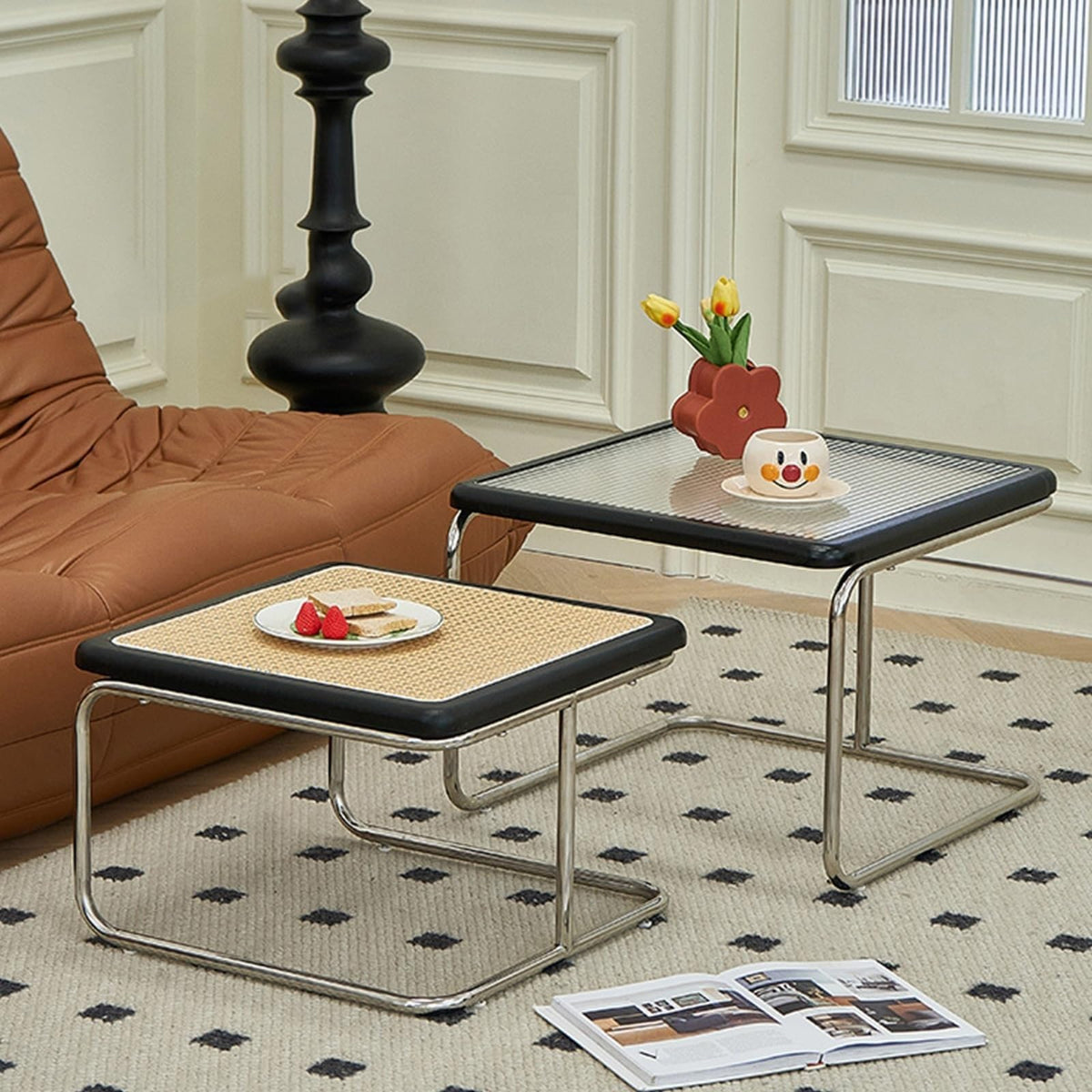 Mid Century Modern Coffee Table Set of 2 Square Metal Base J882