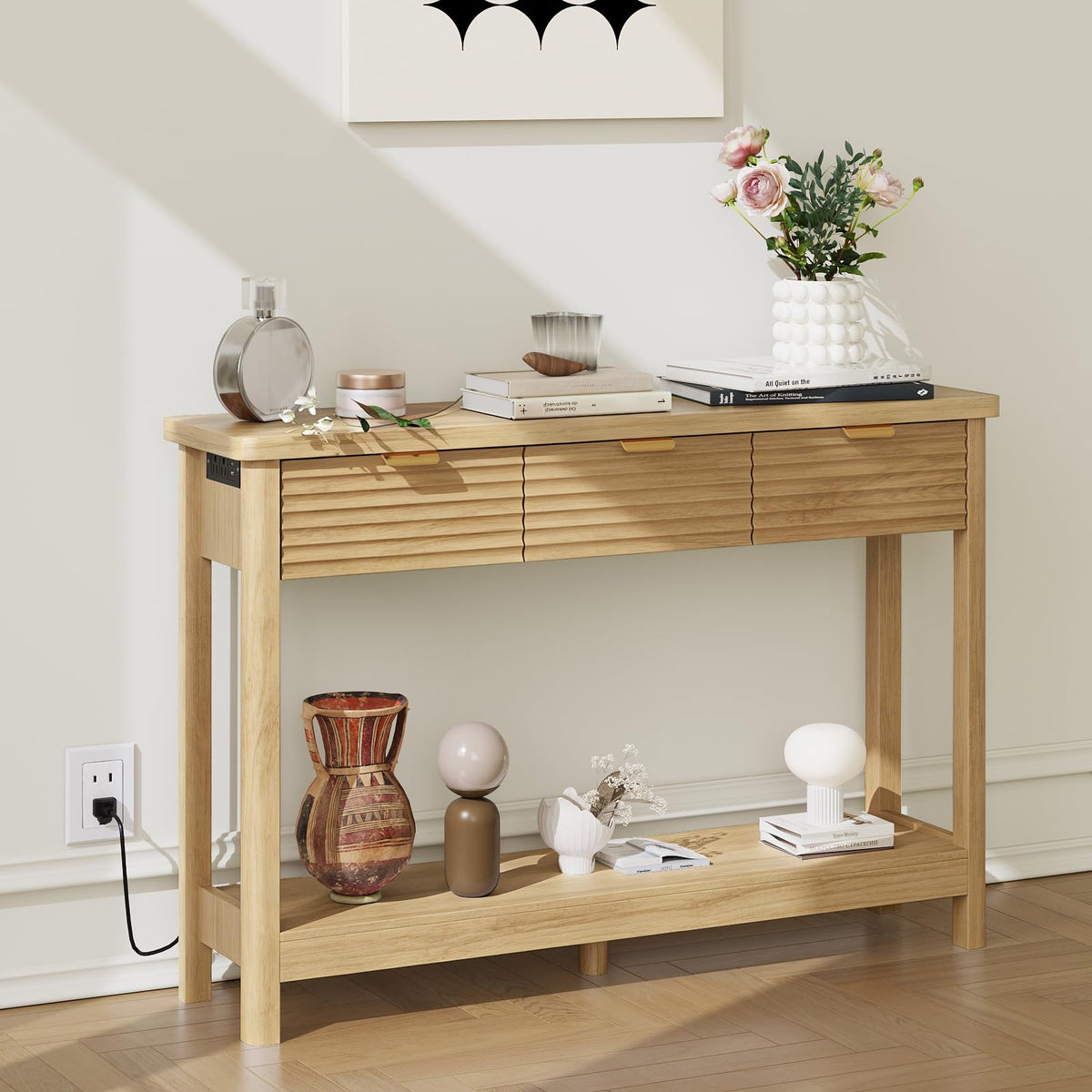 47.2" Narrow Console Table with 3 Drawers & Charging Station, Oak X40768