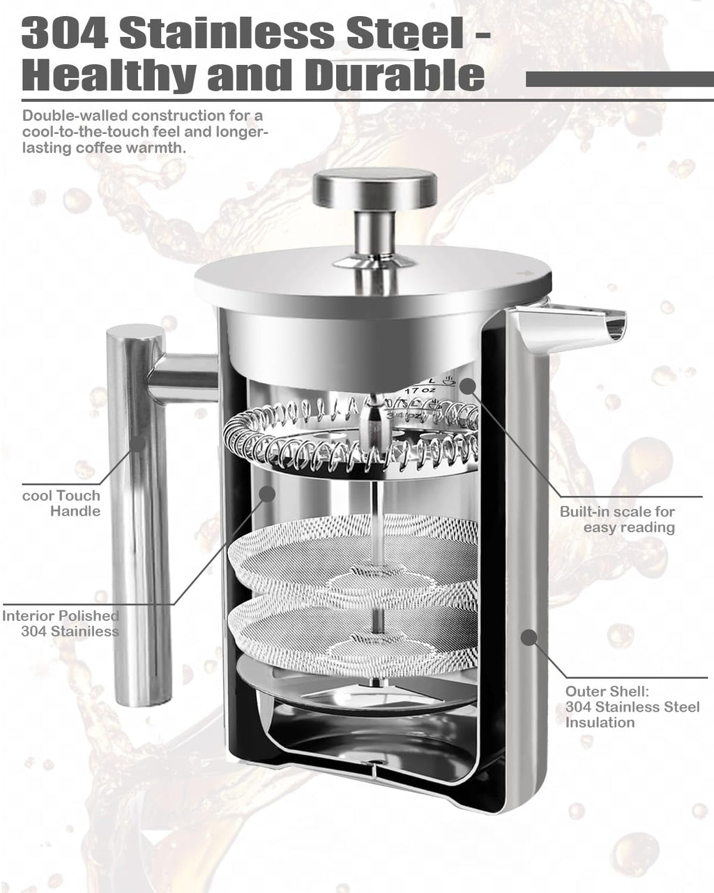 French Press Coffee Maker Stainless Steel 17 OZ D159839