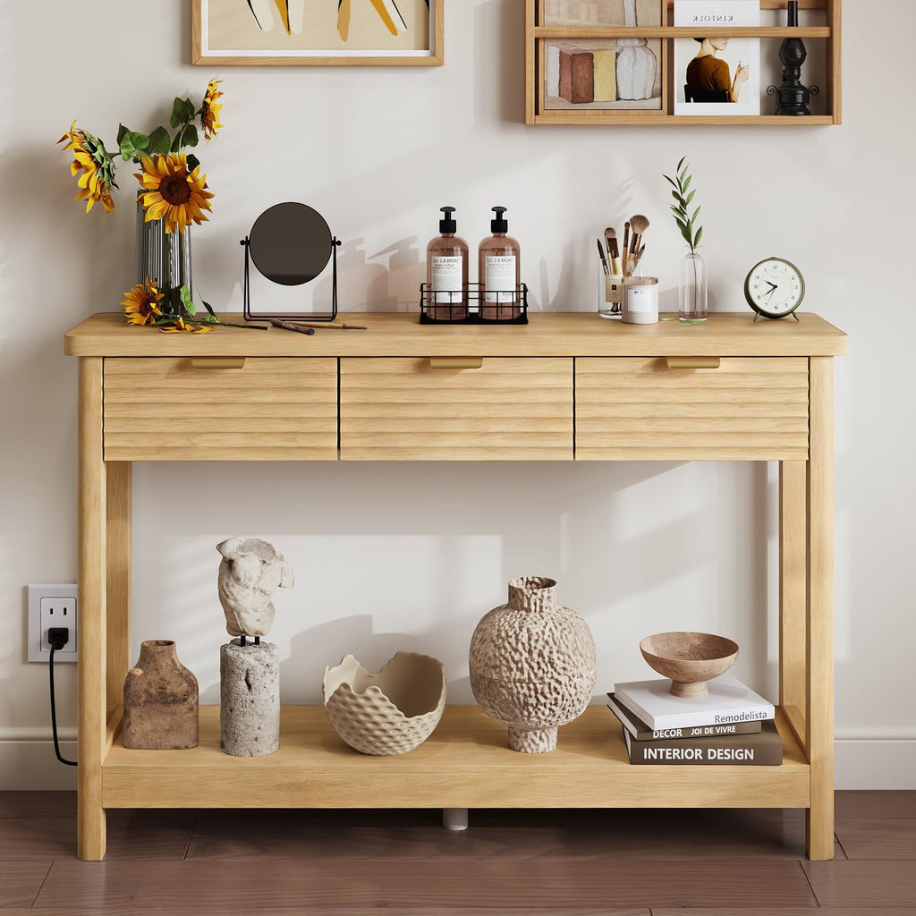 47.2" Narrow Console Table with 3 Drawers & Charging Station, Oak X40768
