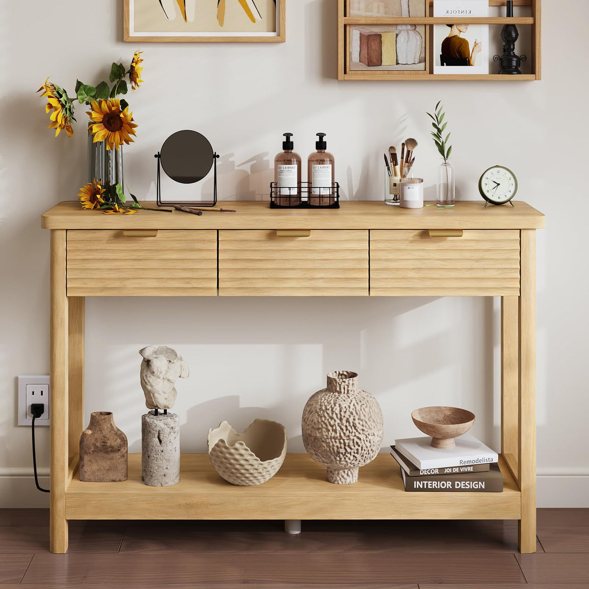 47.2" Narrow Console Table with 3 Drawers & Charging Station, Oak X40768