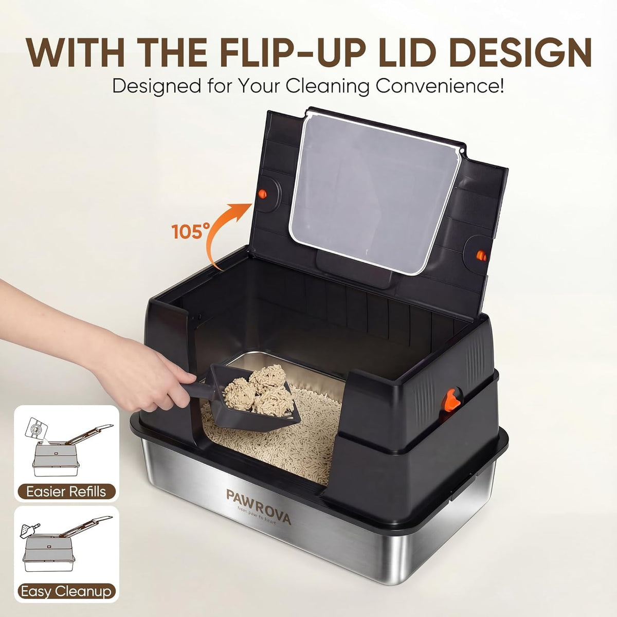 XL Stainless Steel Enclosed Cat Litter Box with Flip-Up Lid D7372