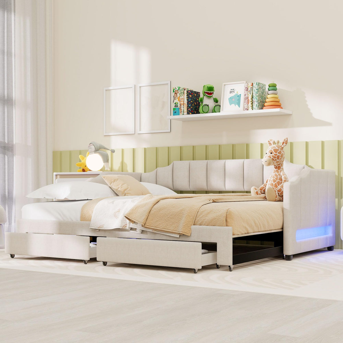 Linen Upholstered Daybed with Trundle and 2 Storage Drawers K175249