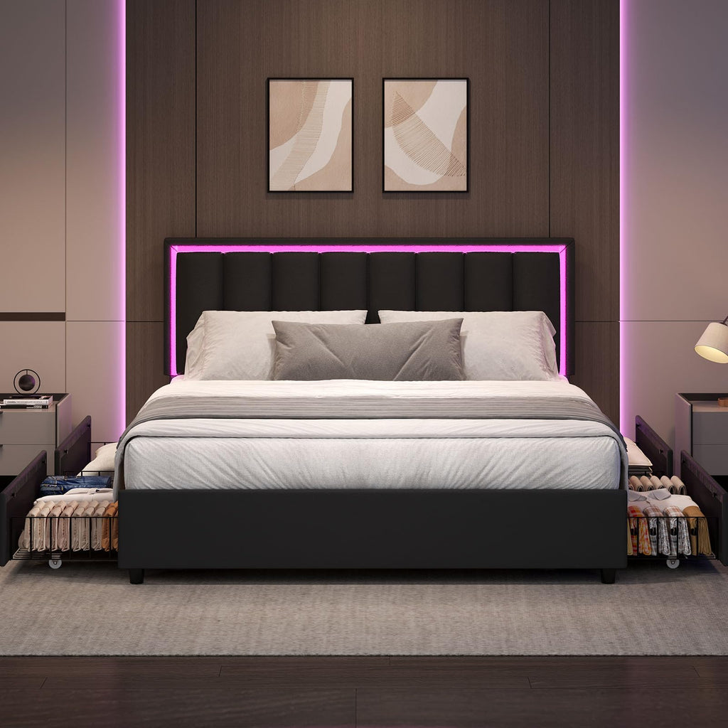 Black Full Size Upholstered Bed Frame with 4 Drawers and LED Lights H595