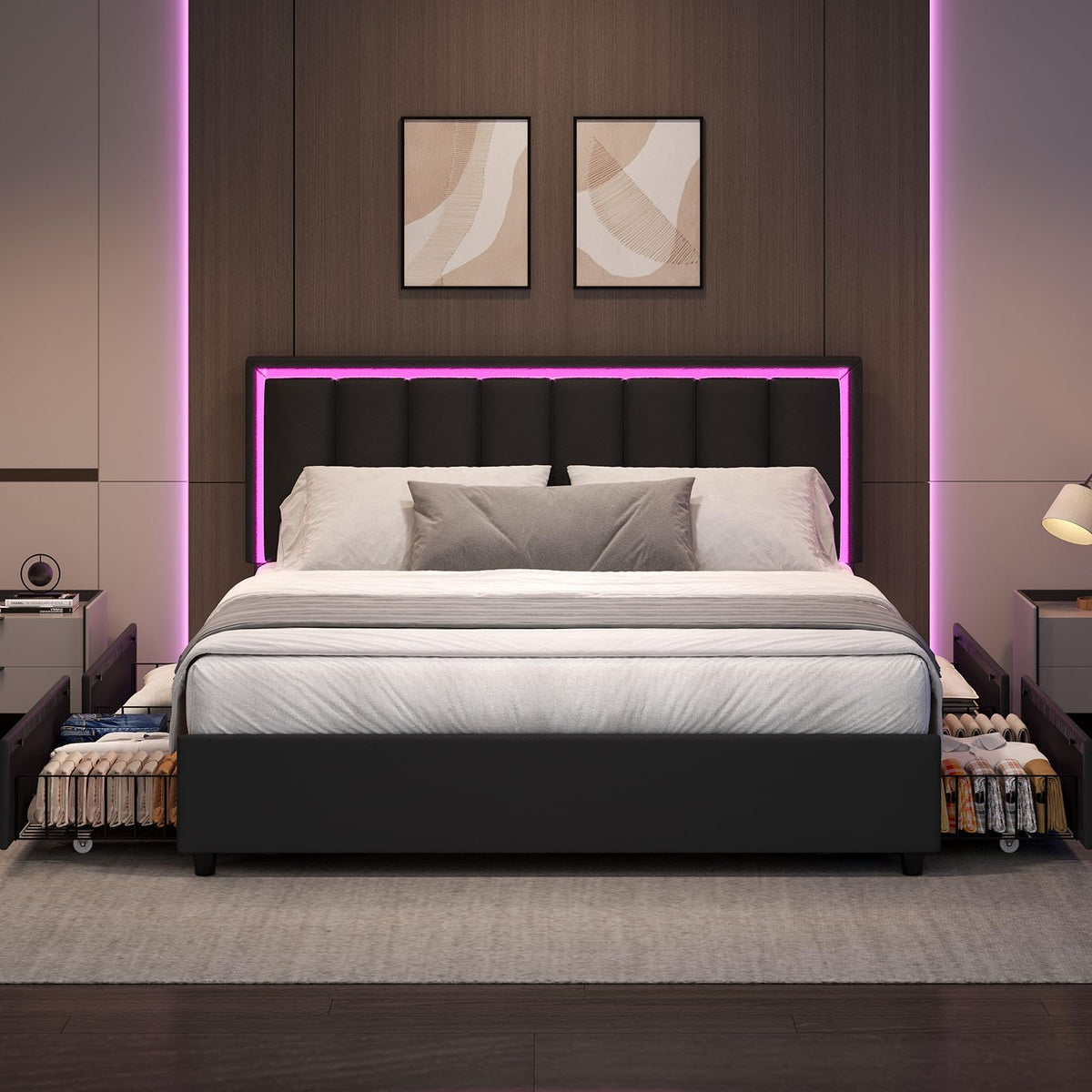 Black Full Size Upholstered Bed Frame with 4 Drawers and LED Lights H595