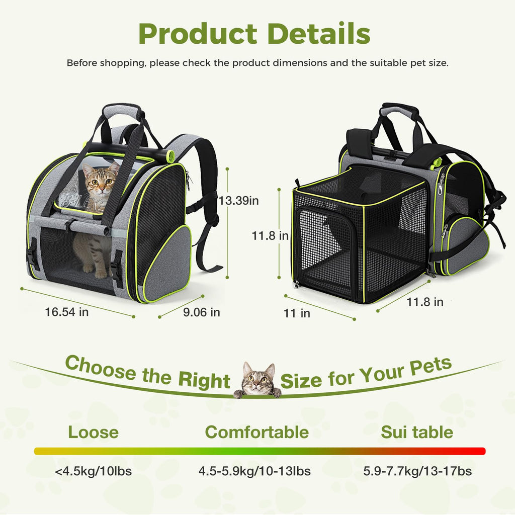Expandable Cat Backpack Carrier for Cats and Small Dogs up to 18 lbs Grey Q78517