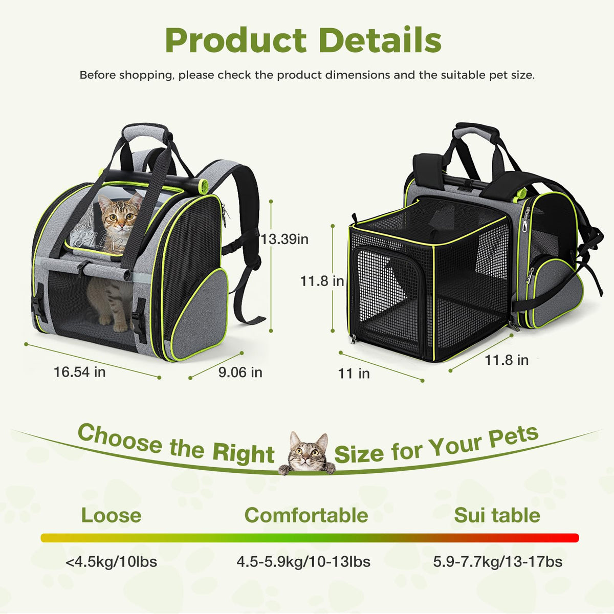 Expandable Cat Backpack Carrier for Cats and Small Dogs up to 18 lbs Grey Q78517