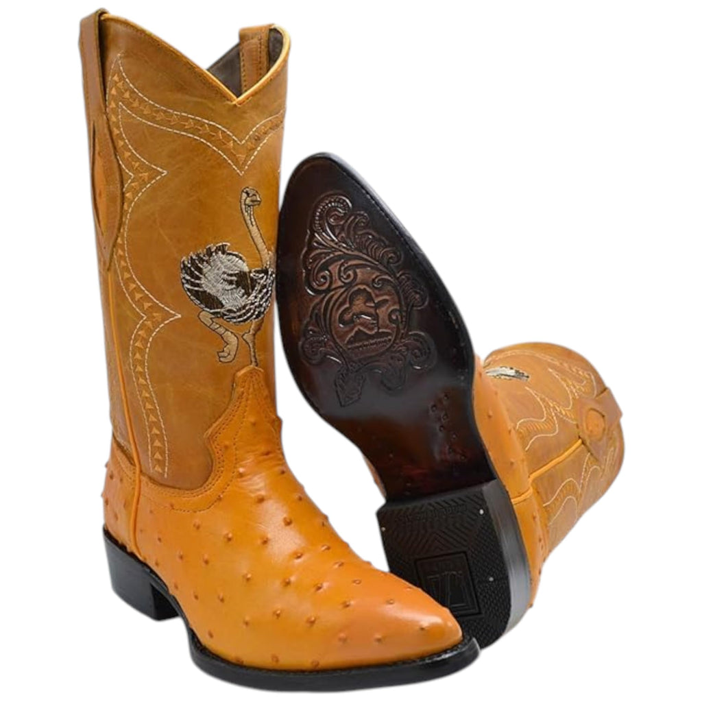 Men’s Genuine Leather Ostrich Print J-Toe Western Boots Q53361