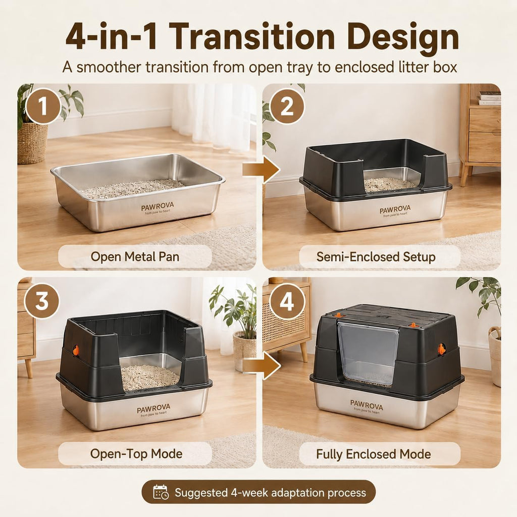 XL Stainless Steel Enclosed Cat Litter Box with Flip-Up Lid D7372