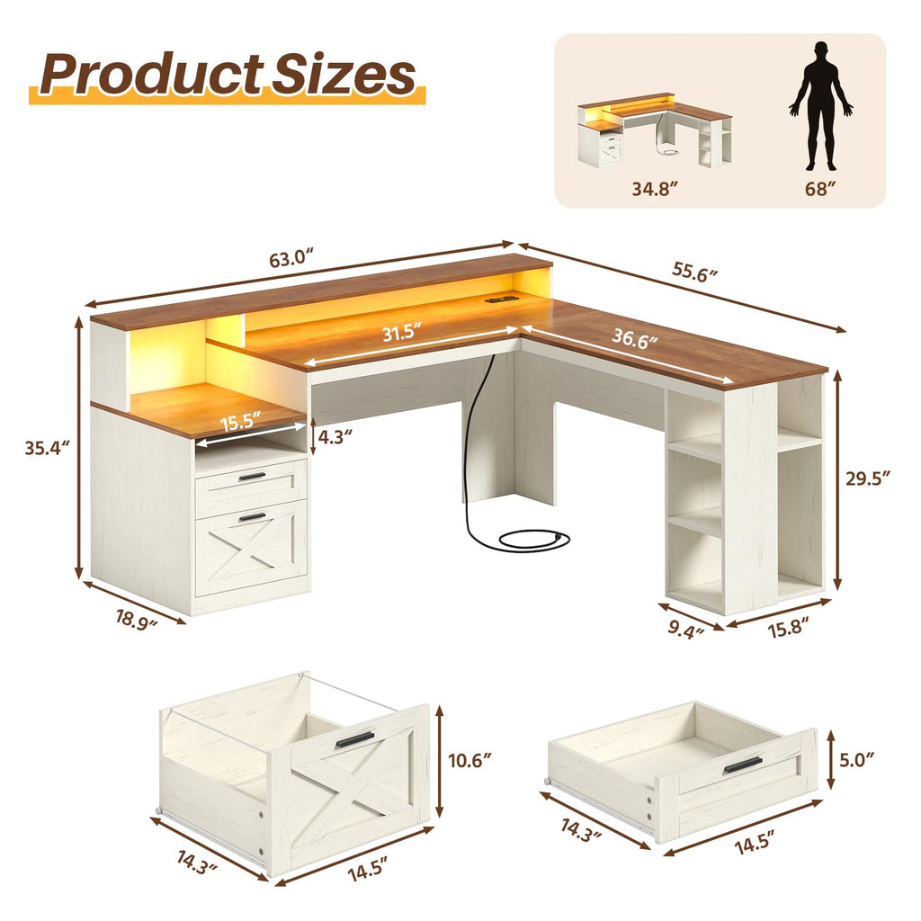 63" L Shaped Desk with Drawers and Storage Shelves C8982