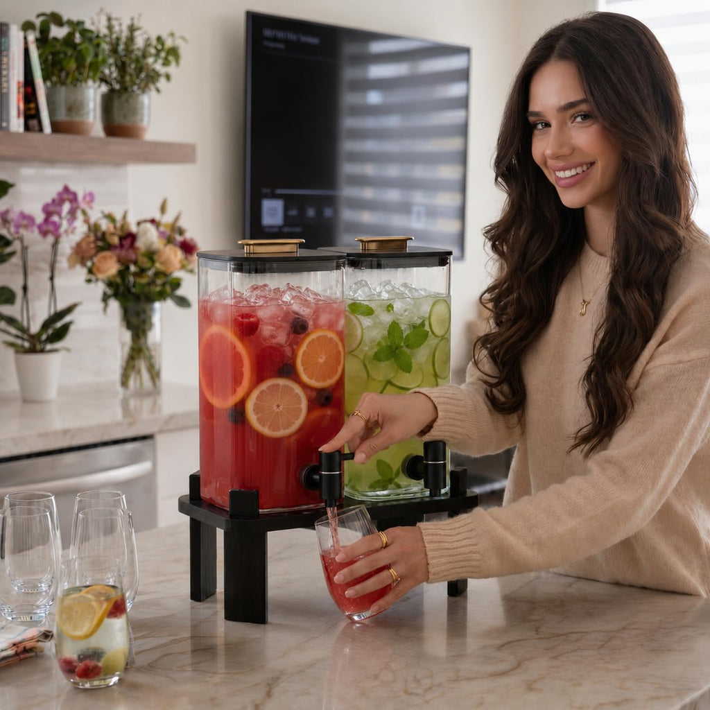 2 PCS 3 Gallon Glass Beverage Dispenser with Wood Stand T690133