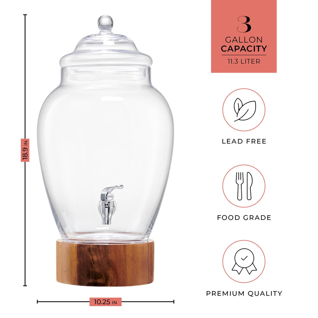 Glass Beverage Dispenser with Wood Base, 3 Gallon Q8316