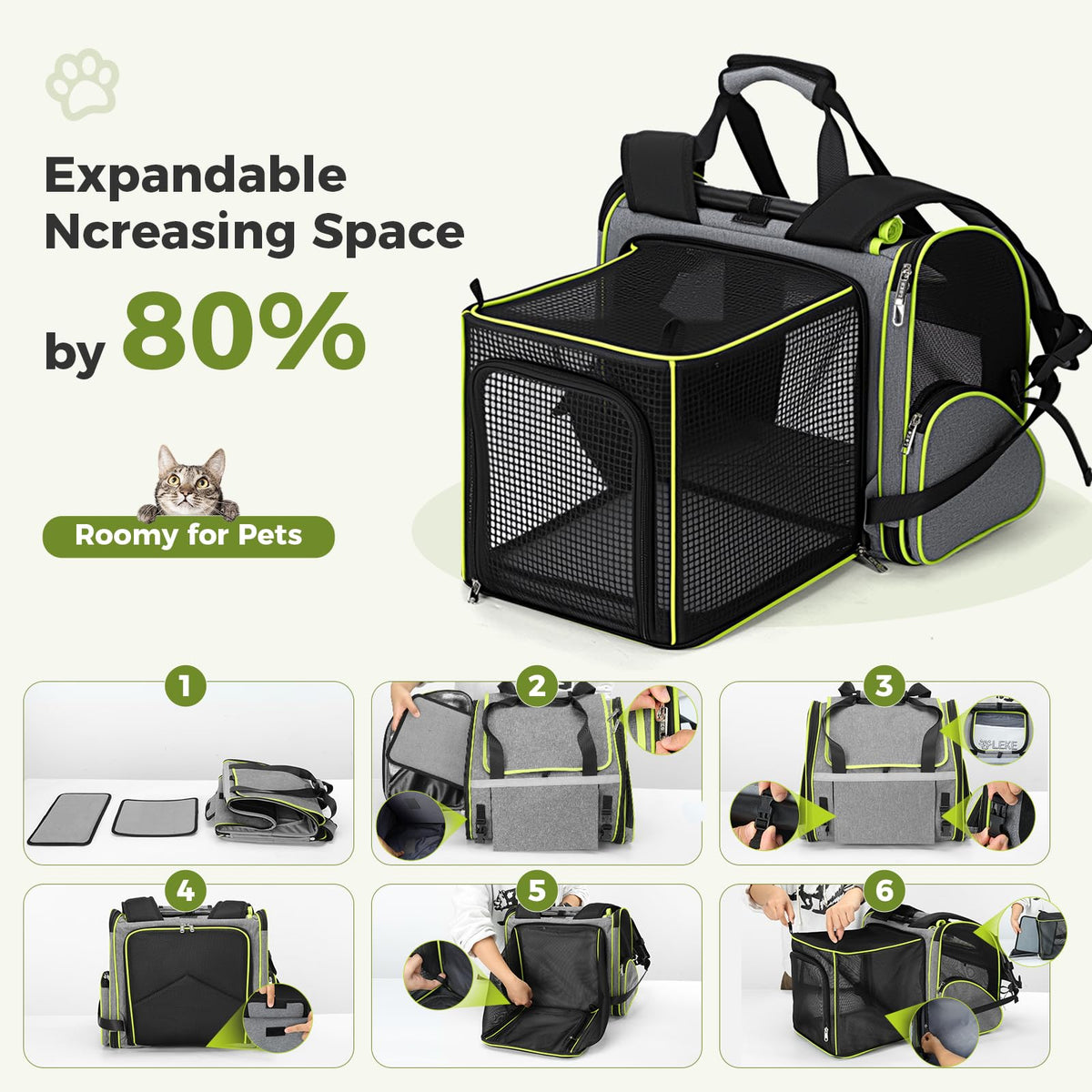 Expandable Cat Backpack Carrier for Cats and Small Dogs up to 18 lbs Grey Q78517