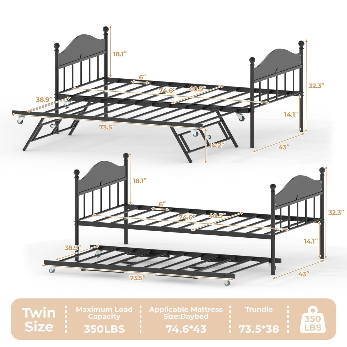 Black Daybed with Pop Up Trundle Q47415