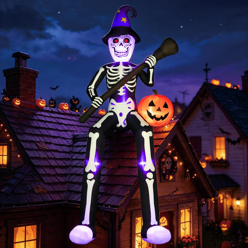 12 FT Halloween Inflatable Skeleton Wizard with Broom & Pumpkin B851536