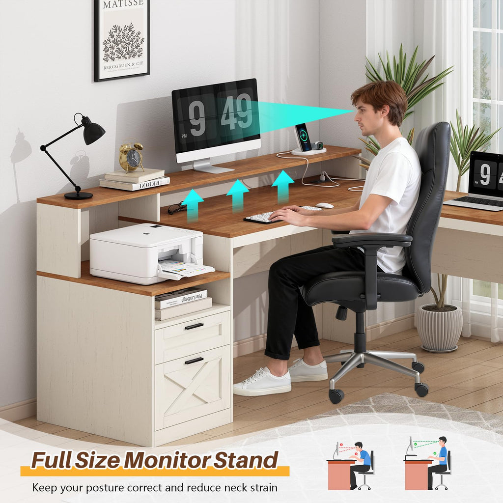 63" L Shaped Desk with Drawers and Storage Shelves C8982