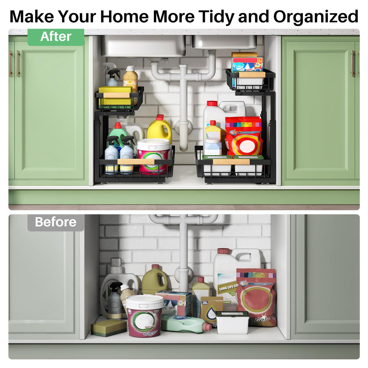 2 Tier Black Metal Under Sink Organizer, 2 Pack X13768
