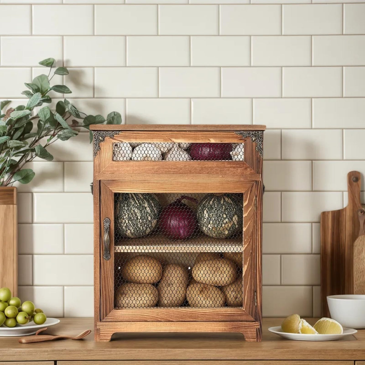 Potato and Onion Storage Bin Wooden Storage Box J7781