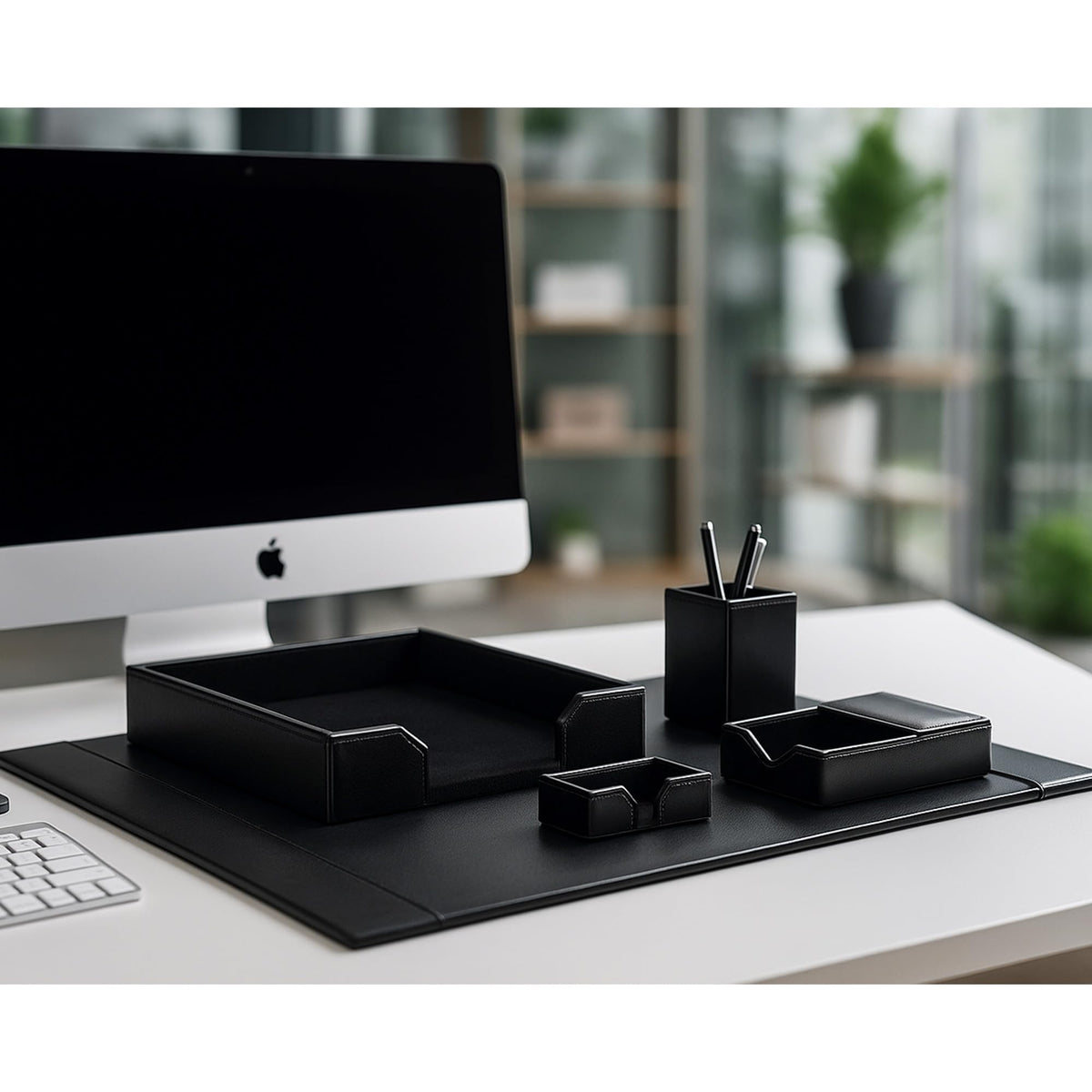 Black Bonded Leather 5-Piece Desk Set Y34212