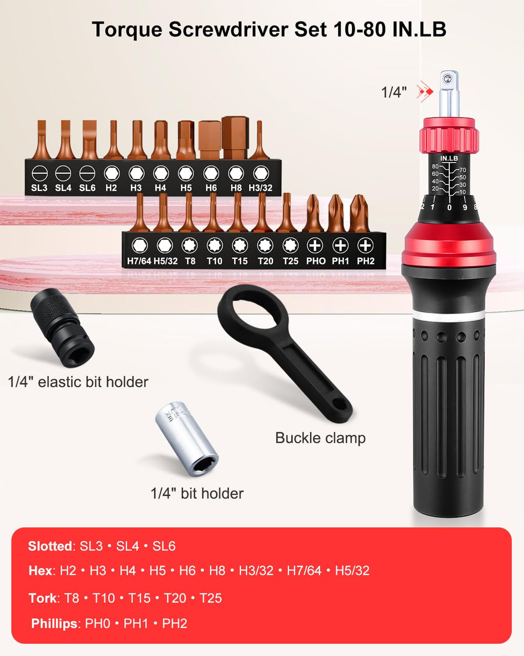 Torque Screwdriver 10-80 in.lb 1/4” Torque Driver Set with Bit Set X59561