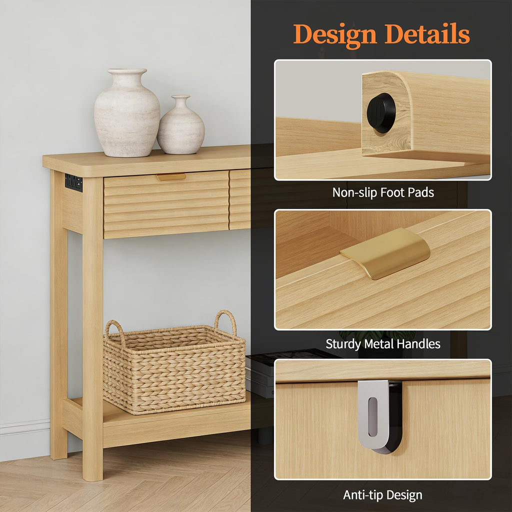 47.2" Narrow Console Table with 3 Drawers & Charging Station, Oak X40768