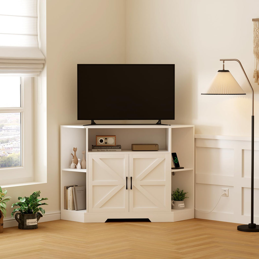 Corner TV Stand with Power Outlet & Barn Doors H802257